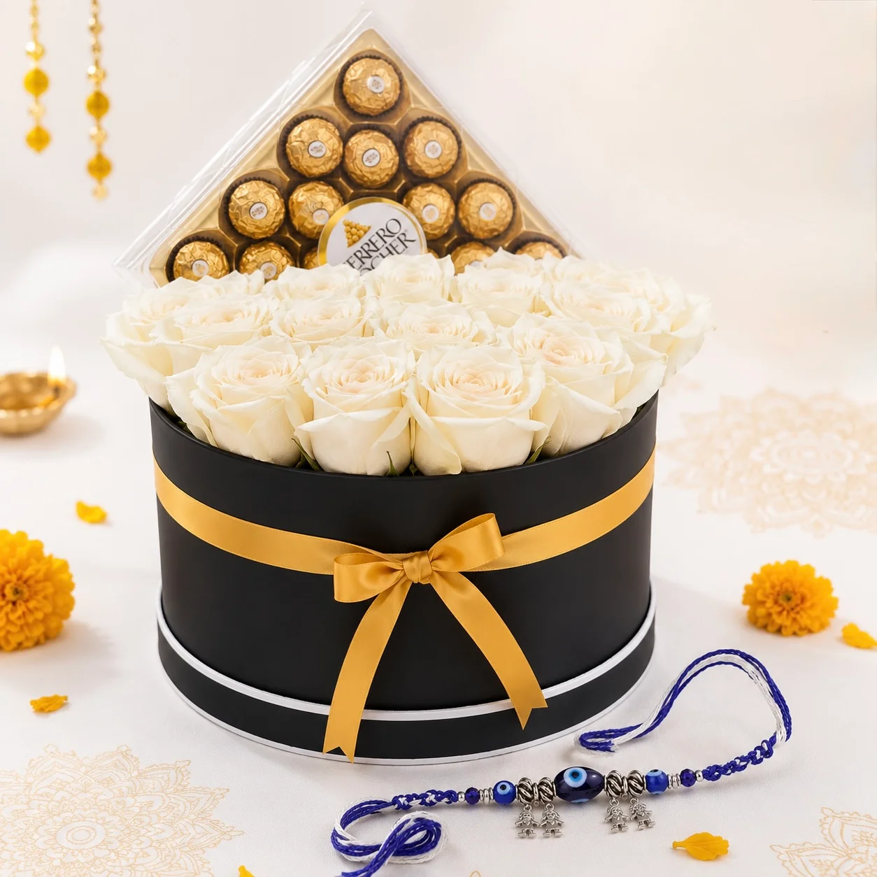 Ferrero Rocher chocolates and elegant evil eye rakhi